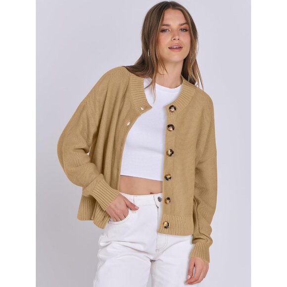 Women Knit Cardigan Sweater Open Front Button Long Sleeve Cropped Jacket - Picture 3 of 7